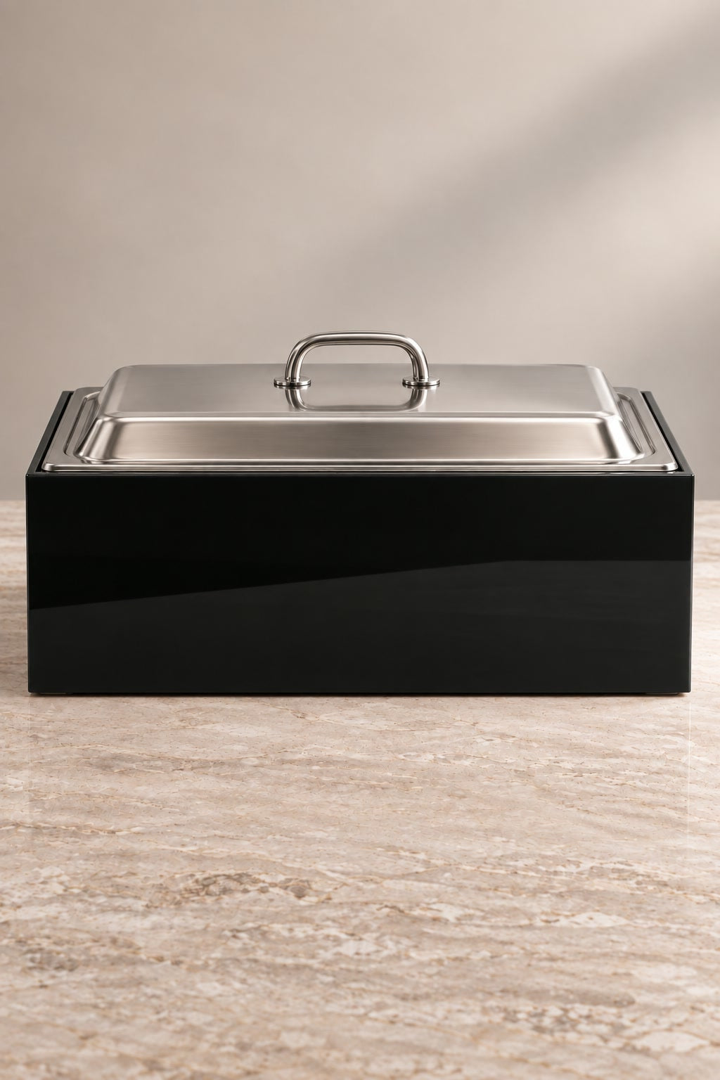Black magnetic chafing dish guard, four-panel acrylic enclosure, front view