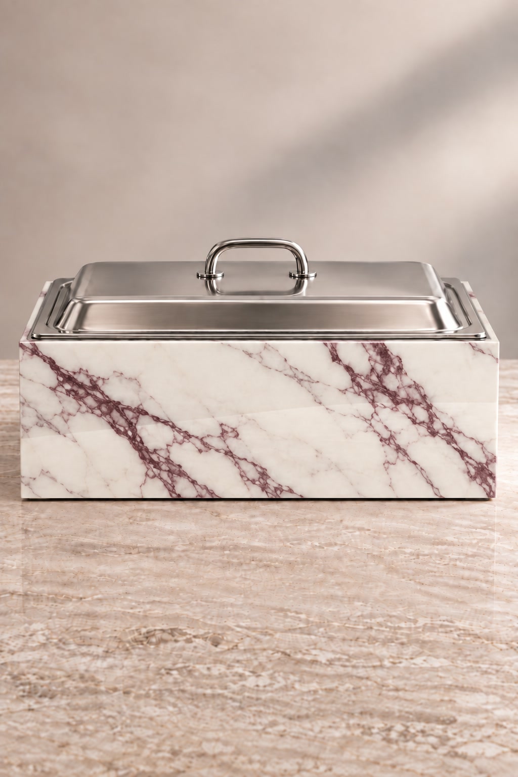 Viola marble-finish magnetic chafing dish guard, four-panel acrylic enclosure, front view