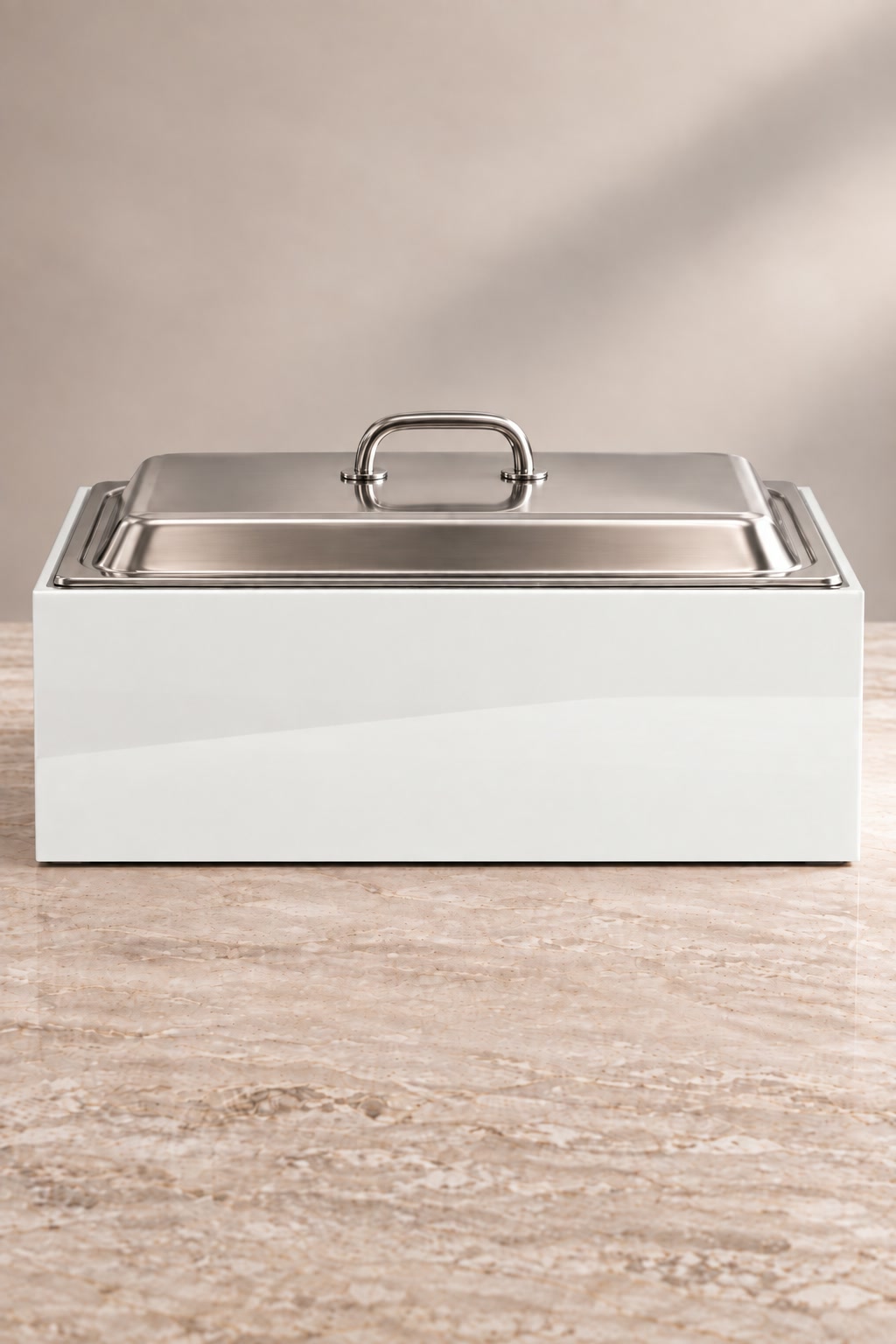 White magnetic chafing dish guard, four-panel acrylic enclosure, front view