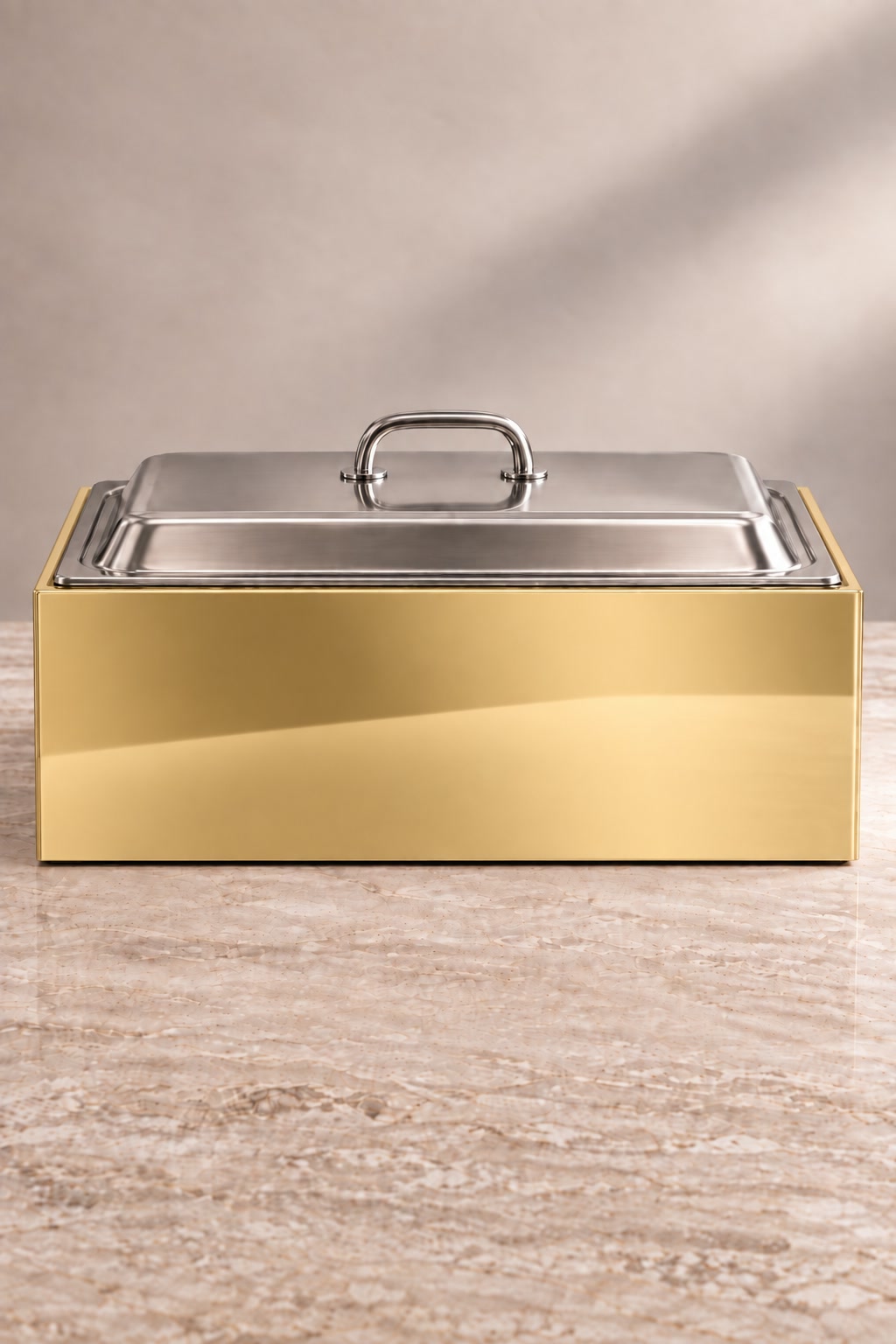 Gold mirrored magnetic chafing dish guard, four-panel acrylic enclosure, front view