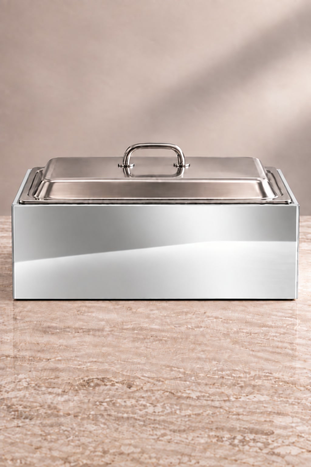 Silver mirrored magnetic chafing dish guard, four-panel acrylic enclosure, front view